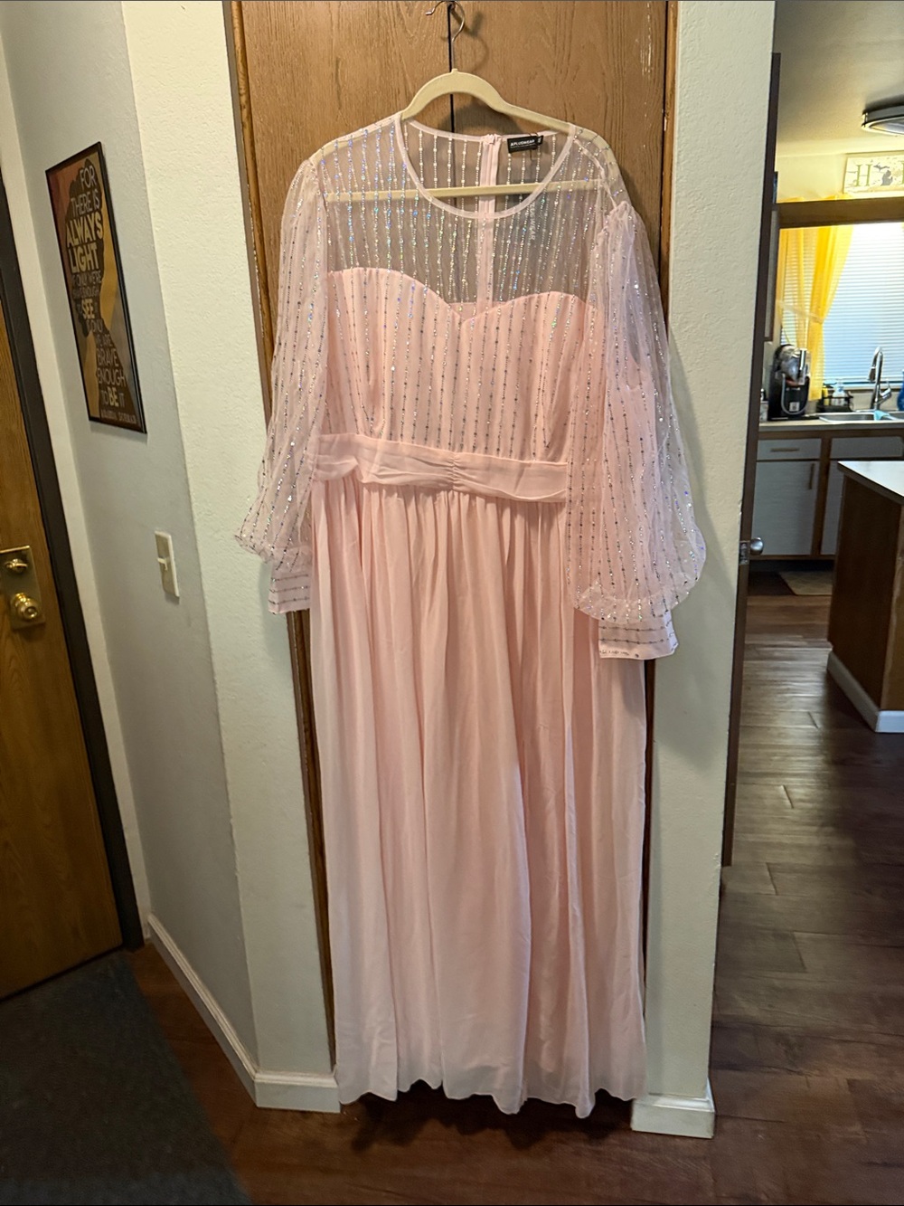 Women's Long Sleeve Pink Maxi Dress with Sheer Sparkle Overlay
